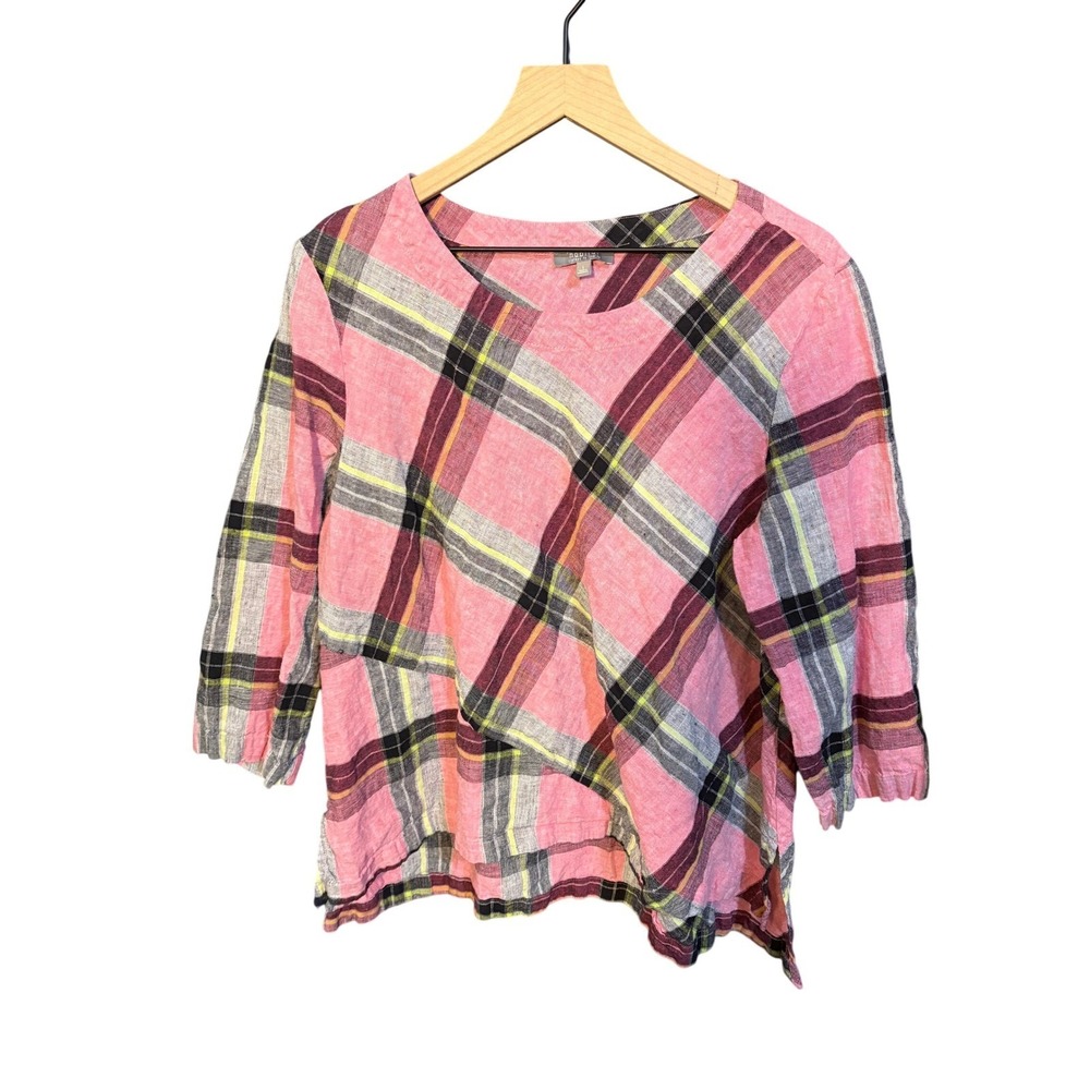 Habitat Clothes to Live In Pink Plaid Linen Blend Asymmetric Top 48519 Womens L